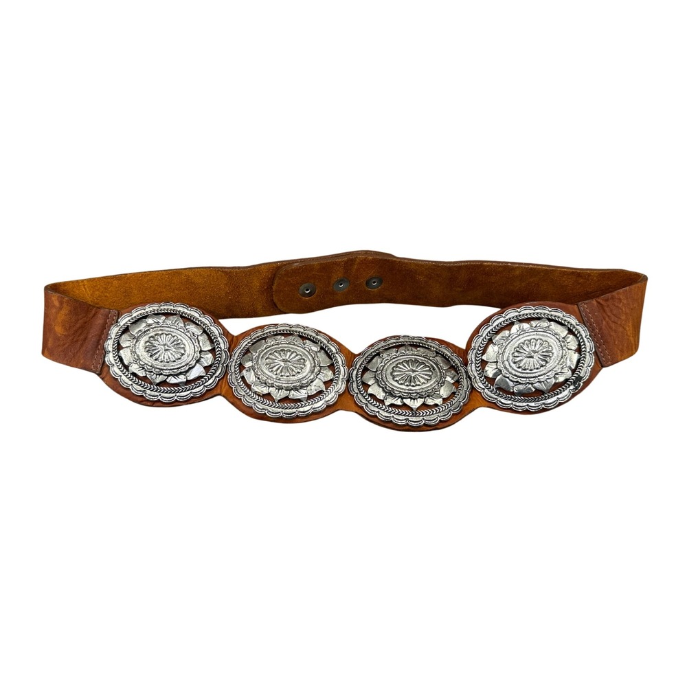 Leatherock Concho Belt Womens 34 Brown Vintage Western Silver Medallion Leather